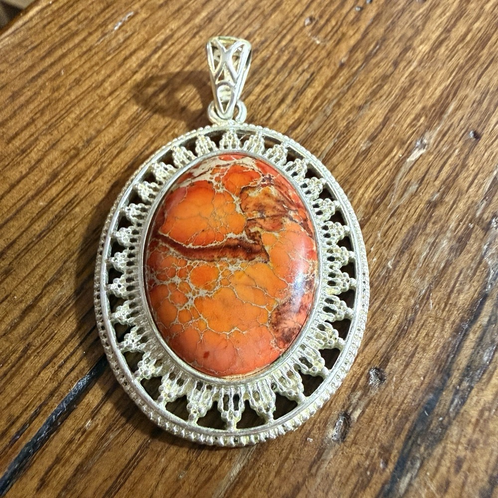 Vintage Silver Tone Women Large Oval Natural Jasper Gemstone Pendant